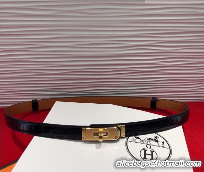 Grade Hermes Kelly Duo Belt 1.8cm in Crocodile Embossed Calfskin with Metal-Tone Buckle H2011025 Black/Gold 2025