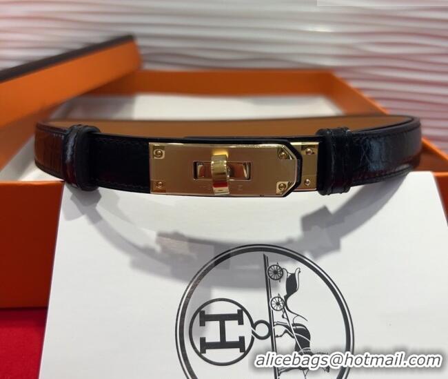 Grade Hermes Kelly Duo Belt 1.8cm in Crocodile Embossed Calfskin with Metal-Tone Buckle H2011025 Black/Gold 2025
