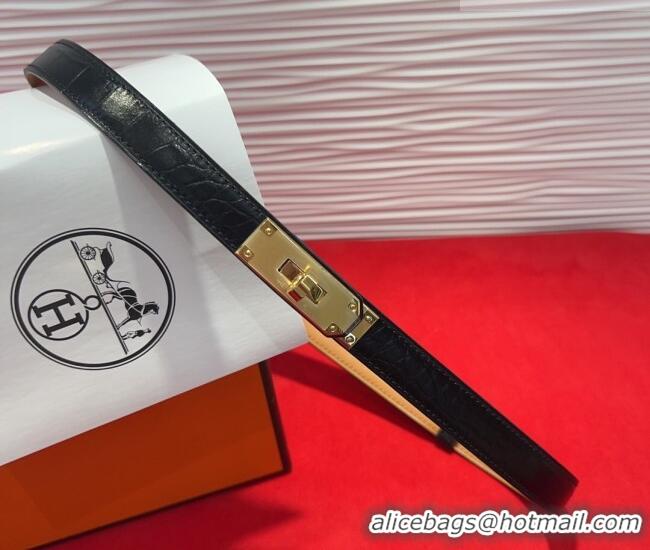 Grade Hermes Kelly Duo Belt 1.8cm in Crocodile Embossed Calfskin with Metal-Tone Buckle H2011025 Black/Gold 2025