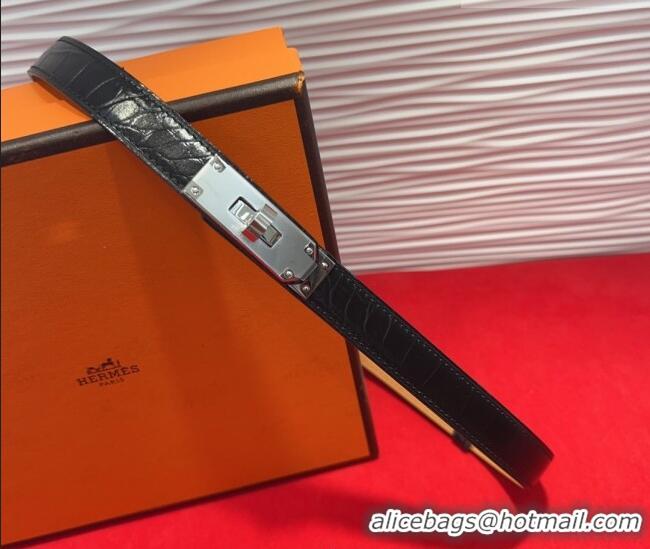 Top Design Hermes Kelly Duo Belt 1.8cm in Crocodile Embossed Calfskin with Metal-Tone Buckle H2011025 Black/Silver 2025