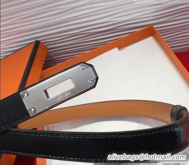 Top Design Hermes Kelly Duo Belt 1.8cm in Crocodile Embossed Calfskin with Metal-Tone Buckle H2011025 Black/Silver 2025
