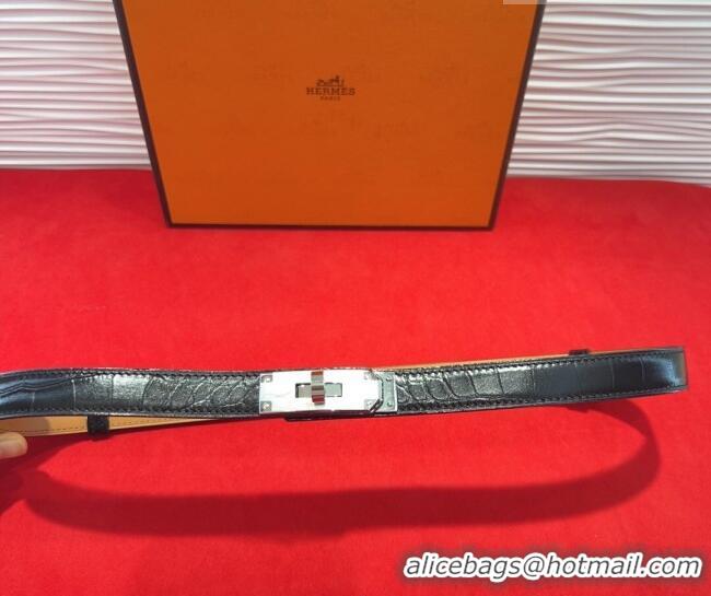 Top Design Hermes Kelly Duo Belt 1.8cm in Crocodile Embossed Calfskin with Metal-Tone Buckle H2011025 Black/Silver 2025