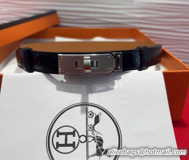 Top Design Hermes Kelly Duo Belt 1.8cm in Crocodile Embossed Calfskin with Metal-Tone Buckle H2011025 Black/Silver 2025