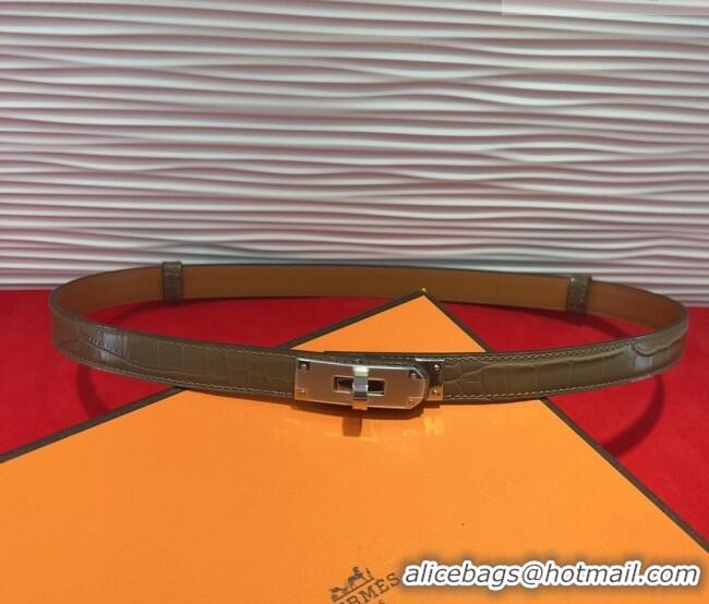 New Design Hermes Kelly Duo Belt 1.8cm in Crocodile Embossed Calfskin with Metal-Tone Buckle H2011025 Grey/Silver 2025