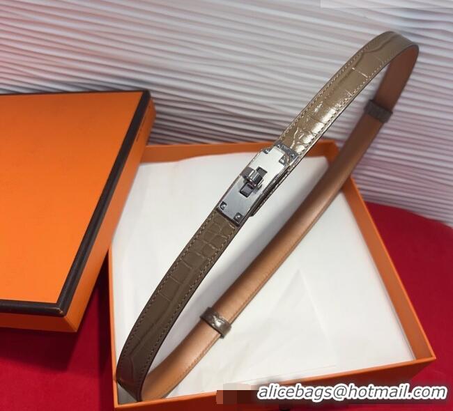 New Design Hermes Kelly Duo Belt 1.8cm in Crocodile Embossed Calfskin with Metal-Tone Buckle H2011025 Grey/Silver 2025