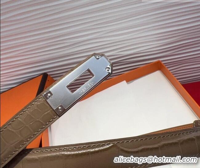 New Design Hermes Kelly Duo Belt 1.8cm in Crocodile Embossed Calfskin with Metal-Tone Buckle H2011025 Grey/Silver 2025