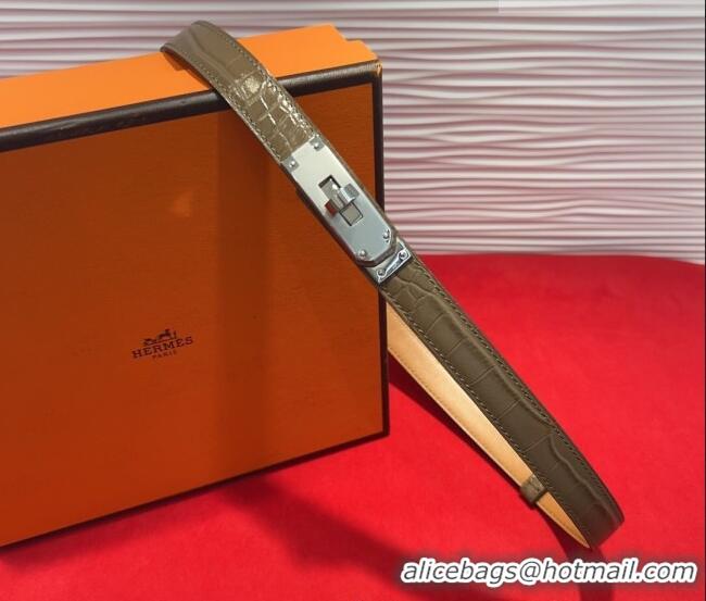 New Design Hermes Kelly Duo Belt 1.8cm in Crocodile Embossed Calfskin with Metal-Tone Buckle H2011025 Grey/Silver 2025