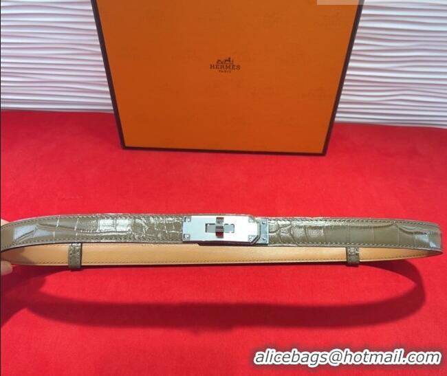 New Design Hermes Kelly Duo Belt 1.8cm in Crocodile Embossed Calfskin with Metal-Tone Buckle H2011025 Grey/Silver 2025