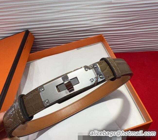 New Design Hermes Kelly Duo Belt 1.8cm in Crocodile Embossed Calfskin with Metal-Tone Buckle H2011025 Grey/Silver 2025