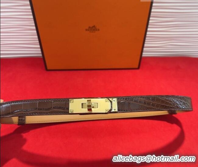 ​Cheapest Hermes Kelly Duo Belt 1.8cm in Crocodile Embossed Calfskin with Metal-Tone Buckle H2011025 Dark Brown/Gold 202