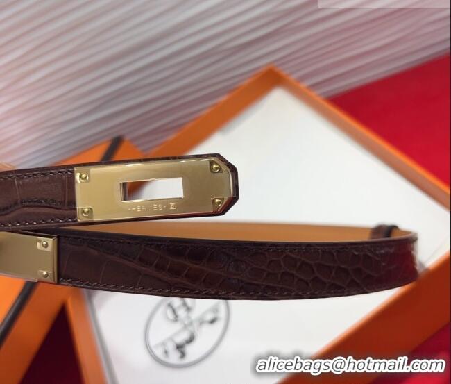 ​Cheapest Hermes Kelly Duo Belt 1.8cm in Crocodile Embossed Calfskin with Metal-Tone Buckle H2011025 Dark Brown/Gold 202