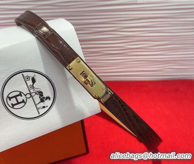 ​Cheapest Hermes Kelly Duo Belt 1.8cm in Crocodile Embossed Calfskin with Metal-Tone Buckle H2011025 Dark Brown/Gold 202