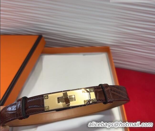 ​Cheapest Hermes Kelly Duo Belt 1.8cm in Crocodile Embossed Calfskin with Metal-Tone Buckle H2011025 Dark Brown/Gold 202