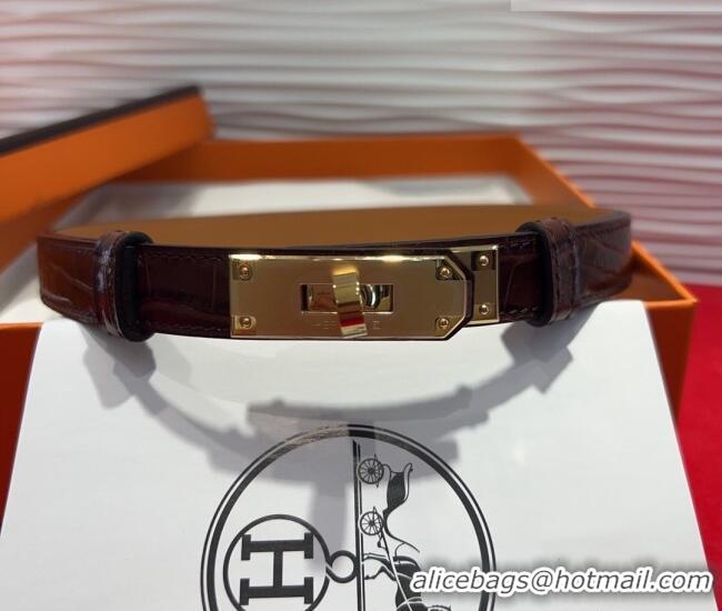 ​Cheapest Hermes Kelly Duo Belt 1.8cm in Crocodile Embossed Calfskin with Metal-Tone Buckle H2011025 Dark Brown/Gold 202