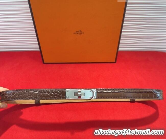 Discount Hermes Kelly Duo Belt 1.8cm in Crocodile Embossed Calfskin with Metal-Tone Buckle H2011025 Dark Brown/Silver 20