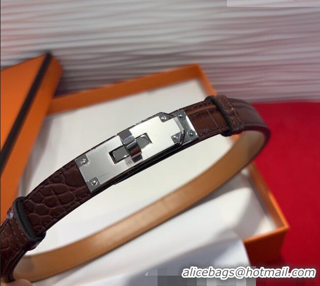 Discount Hermes Kelly Duo Belt 1.8cm in Crocodile Embossed Calfskin with Metal-Tone Buckle H2011025 Dark Brown/Silver 20
