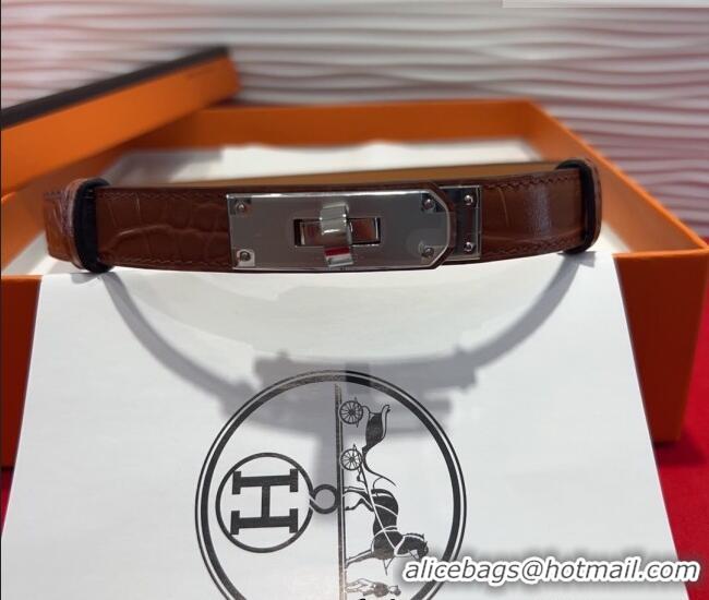 Discount Hermes Kelly Duo Belt 1.8cm in Crocodile Embossed Calfskin with Metal-Tone Buckle H2011025 Dark Brown/Silver 20
