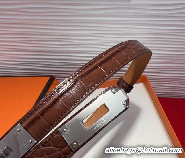 Discount Hermes Kelly Duo Belt 1.8cm in Crocodile Embossed Calfskin with Metal-Tone Buckle H2011025 Dark Brown/Silver 20