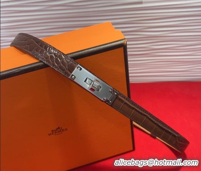 Discount Hermes Kelly Duo Belt 1.8cm in Crocodile Embossed Calfskin with Metal-Tone Buckle H2011025 Dark Brown/Silver 20
