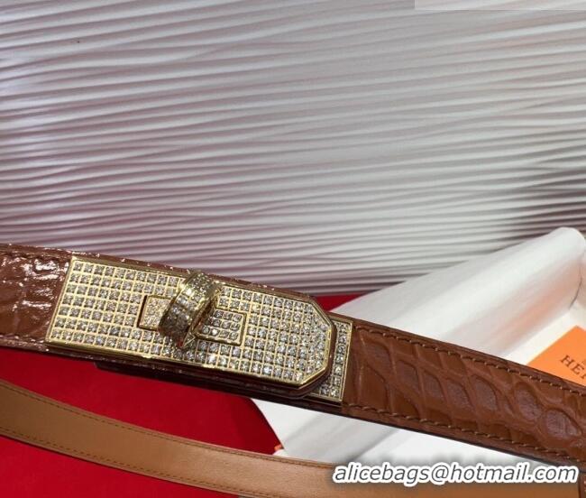 Grade Hermes Kelly Duo Belt 1.8cm in Crocodile Embossed Calfskin with Gold Strass Paved Buckle H2011025 Brown 2025