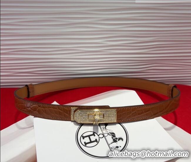 Grade Hermes Kelly Duo Belt 1.8cm in Crocodile Embossed Calfskin with Gold Strass Paved Buckle H2011025 Brown 2025