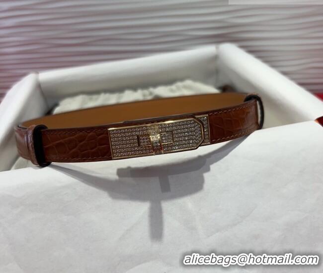 Grade Hermes Kelly Duo Belt 1.8cm in Crocodile Embossed Calfskin with Gold Strass Paved Buckle H2011025 Brown 2025