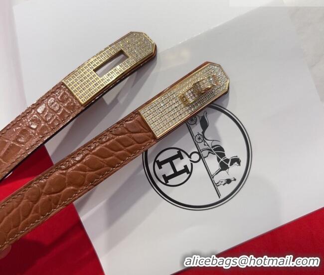 Grade Hermes Kelly Duo Belt 1.8cm in Crocodile Embossed Calfskin with Gold Strass Paved Buckle H2011025 Brown 2025