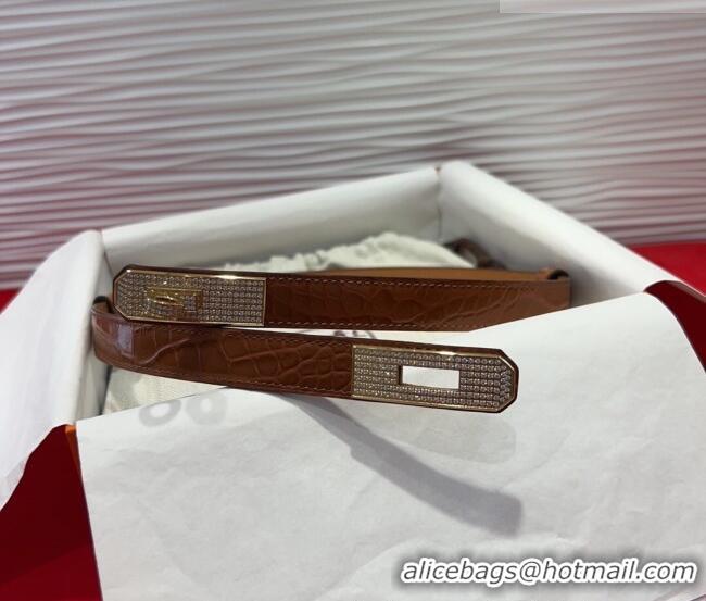 Grade Hermes Kelly Duo Belt 1.8cm in Crocodile Embossed Calfskin with Gold Strass Paved Buckle H2011025 Brown 2025