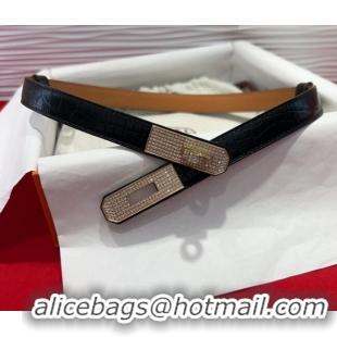 Low Cost Hermes Kelly Duo Belt 1.8cm in Crocodile Embossed Calfskin with Gold Strass Paved Buckle H2011025 Black 2025
