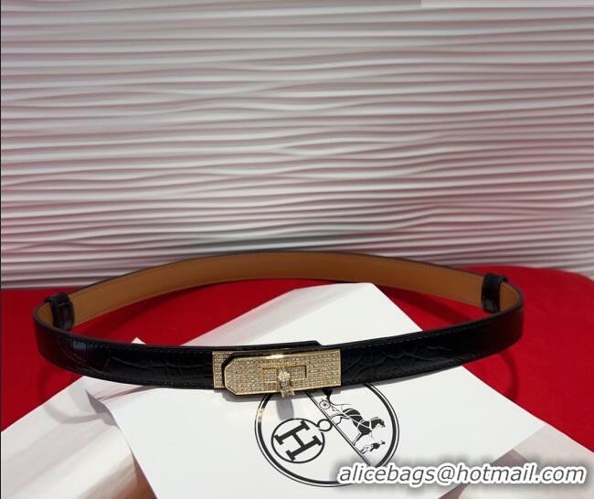 Low Cost Hermes Kelly Duo Belt 1.8cm in Crocodile Embossed Calfskin with Gold Strass Paved Buckle H2011025 Black 2025