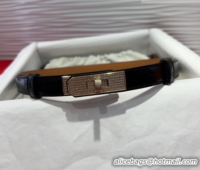 Low Cost Hermes Kelly Duo Belt 1.8cm in Crocodile Embossed Calfskin with Gold Strass Paved Buckle H2011025 Black 2025