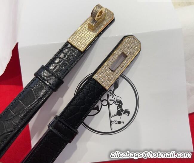 Low Cost Hermes Kelly Duo Belt 1.8cm in Crocodile Embossed Calfskin with Gold Strass Paved Buckle H2011025 Black 2025