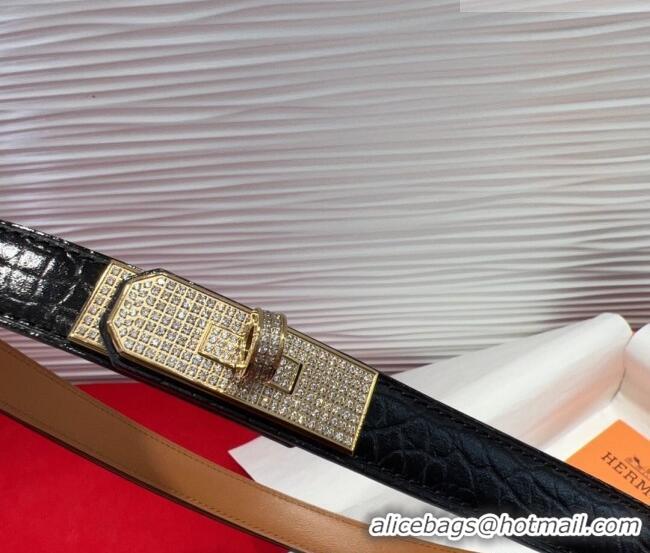 Low Cost Hermes Kelly Duo Belt 1.8cm in Crocodile Embossed Calfskin with Gold Strass Paved Buckle H2011025 Black 2025