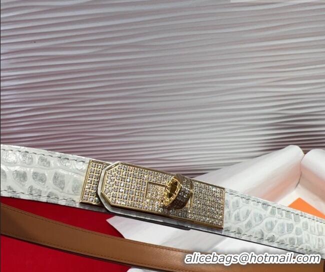Popular Style Hermes Kelly Duo Belt 1.8cm in Crocodile Embossed Calfskin with Gold Strass Paved Buckle H2011025 White 20