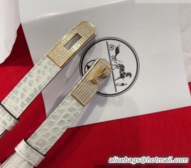 Popular Style Hermes Kelly Duo Belt 1.8cm in Crocodile Embossed Calfskin with Gold Strass Paved Buckle H2011025 White 20