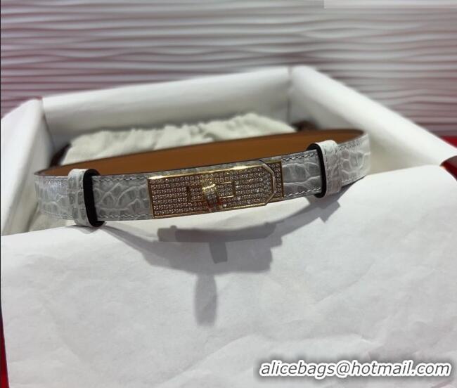 Popular Style Hermes Kelly Duo Belt 1.8cm in Crocodile Embossed Calfskin with Gold Strass Paved Buckle H2011025 White 20