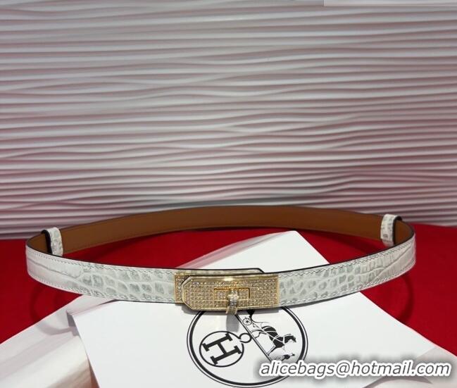 Popular Style Hermes Kelly Duo Belt 1.8cm in Crocodile Embossed Calfskin with Gold Strass Paved Buckle H2011025 White 20
