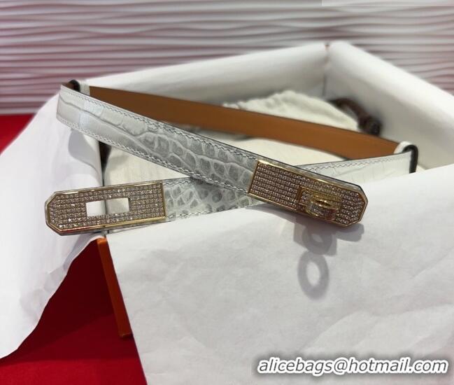 Popular Style Hermes Kelly Duo Belt 1.8cm in Crocodile Embossed Calfskin with Gold Strass Paved Buckle H2011025 White 20