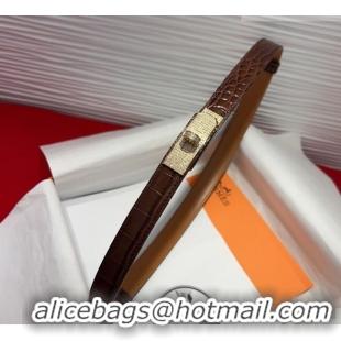 Promotional Hermes Kelly Duo Belt 1.8cm in Crocodile Embossed Calfskin with Gold Strass Paved Buckle H2011025 Dark Brown