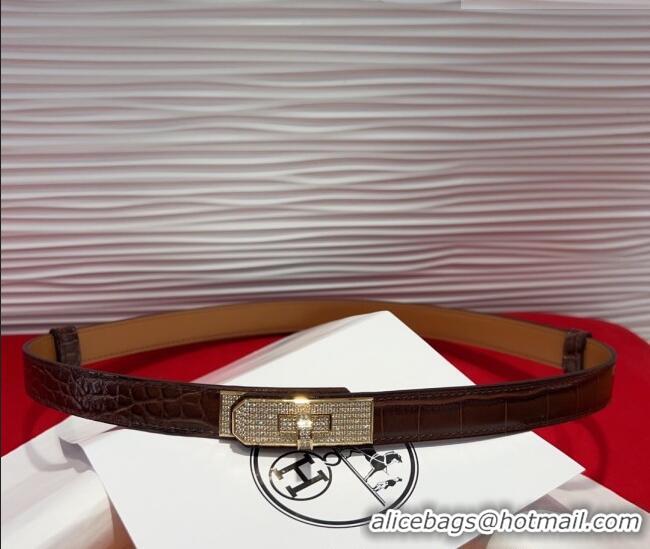 Promotional Hermes Kelly Duo Belt 1.8cm in Crocodile Embossed Calfskin with Gold Strass Paved Buckle H2011025 Dark Brown
