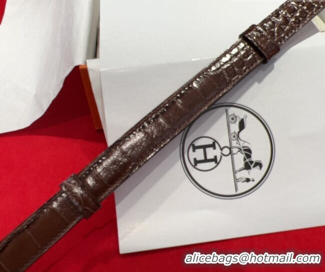 Promotional Hermes Kelly Duo Belt 1.8cm in Crocodile Embossed Calfskin with Gold Strass Paved Buckle H2011025 Dark Brown