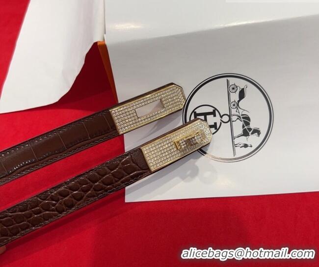 Promotional Hermes Kelly Duo Belt 1.8cm in Crocodile Embossed Calfskin with Gold Strass Paved Buckle H2011025 Dark Brown