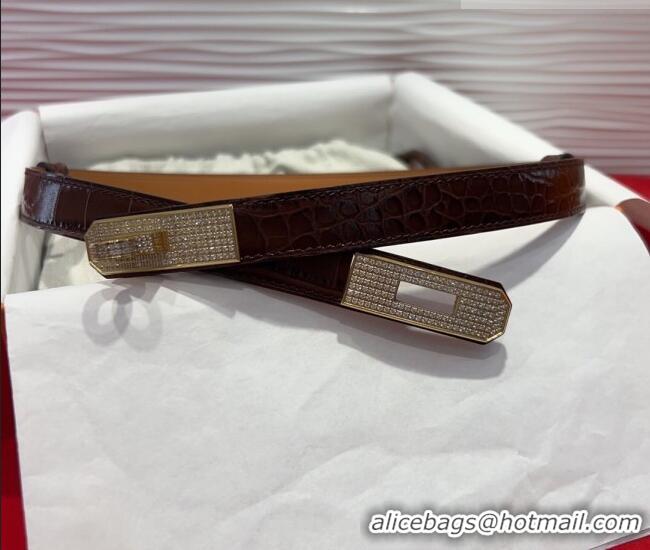 Promotional Hermes Kelly Duo Belt 1.8cm in Crocodile Embossed Calfskin with Gold Strass Paved Buckle H2011025 Dark Brown