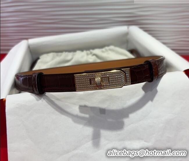 Promotional Hermes Kelly Duo Belt 1.8cm in Crocodile Embossed Calfskin with Gold Strass Paved Buckle H2011025 Dark Brown