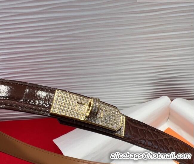 Promotional Hermes Kelly Duo Belt 1.8cm in Crocodile Embossed Calfskin with Gold Strass Paved Buckle H2011025 Dark Brown