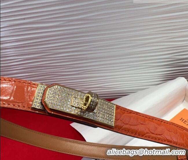 Discount Hermes Kelly Duo Belt 1.8cm in Crocodile Embossed Calfskin with Gold Strass Paved Buckle H2011025 Orange 2025