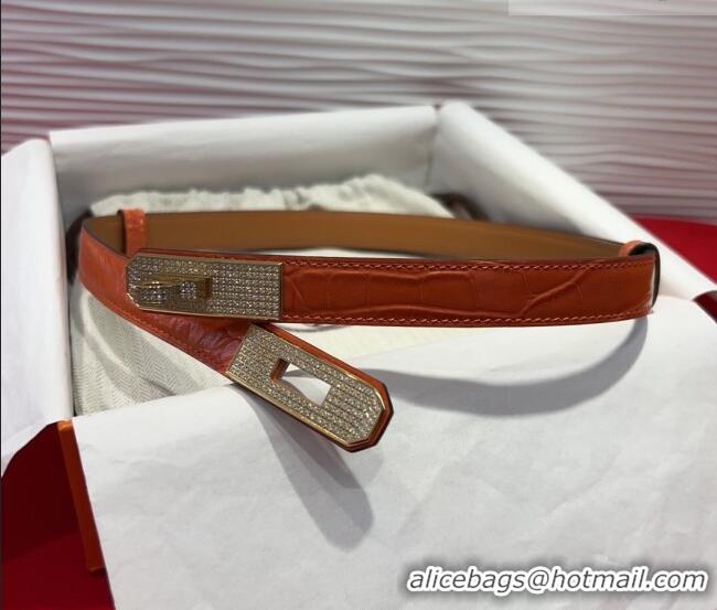 Discount Hermes Kelly Duo Belt 1.8cm in Crocodile Embossed Calfskin with Gold Strass Paved Buckle H2011025 Orange 2025