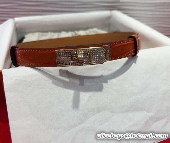 Discount Hermes Kelly Duo Belt 1.8cm in Crocodile Embossed Calfskin with Gold Strass Paved Buckle H2011025 Orange 2025