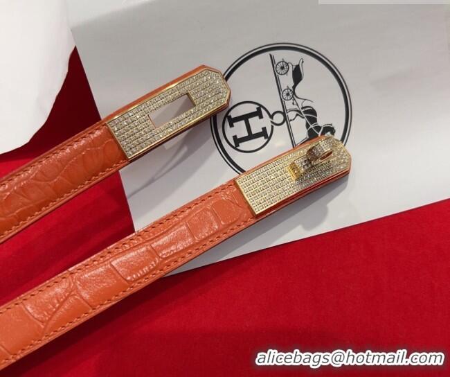 Discount Hermes Kelly Duo Belt 1.8cm in Crocodile Embossed Calfskin with Gold Strass Paved Buckle H2011025 Orange 2025