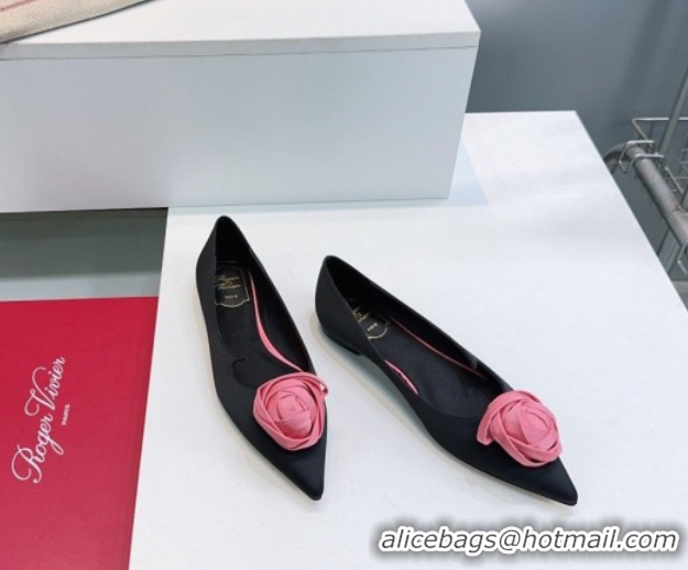 Best Grade Roger Vivier Rose Ballerinas Flat in Satin 0225008 Black 2026